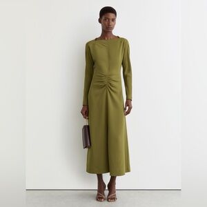 NWT REISS Adriana Ruched Long-Sleeve Midi Dress in Chartreuse Green
